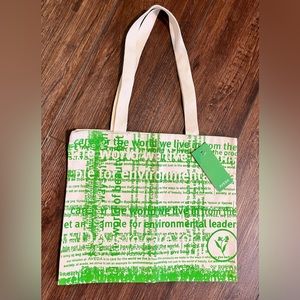 NWT AVEDA Certified Organic Cotton tote. Green & ivory.